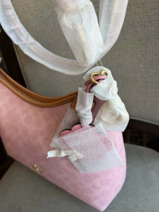 NWT Coach Gold/Powder Pink Laurel Shoulder Bag With Charms CEL12 Signature - Picture 3 of 6